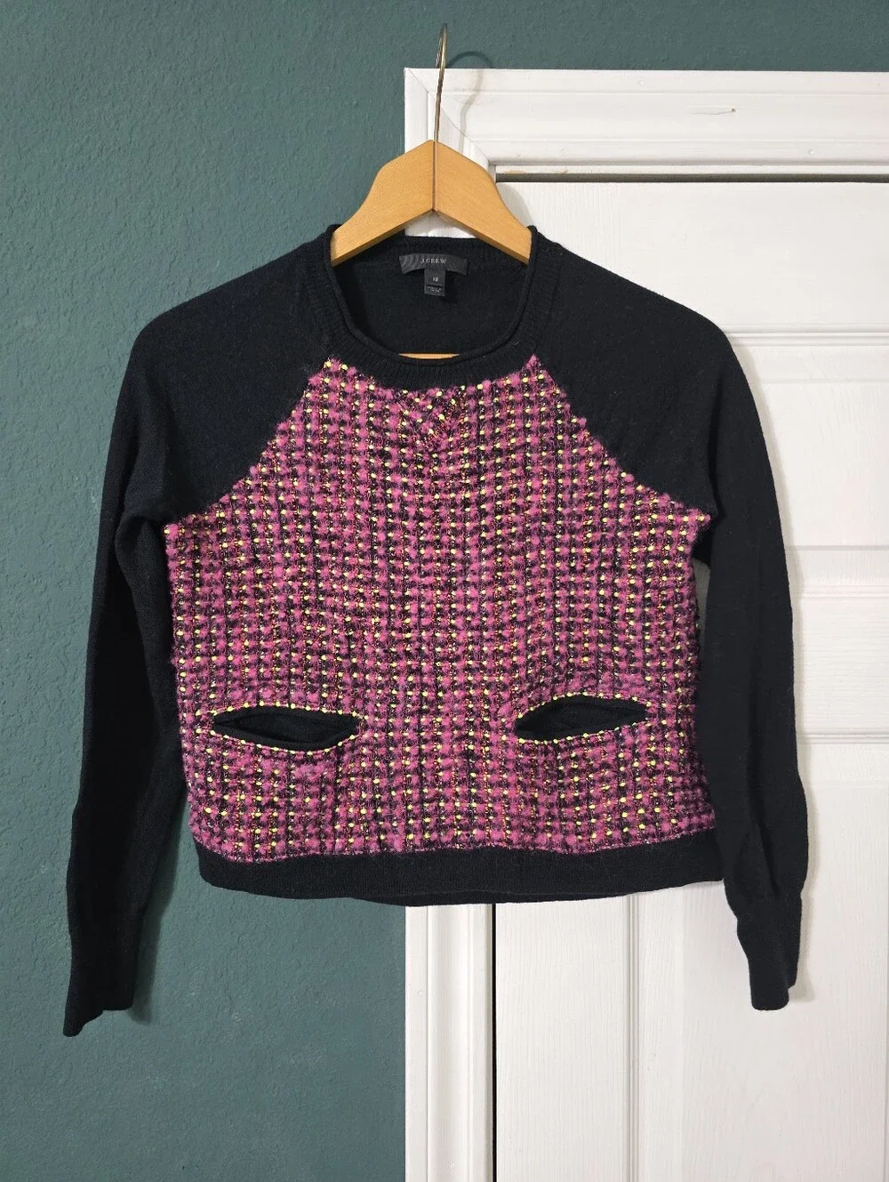 J Crew Tweed Front Merino Wool Sweater Womens XS Black Pink KNit Pockets Mohair